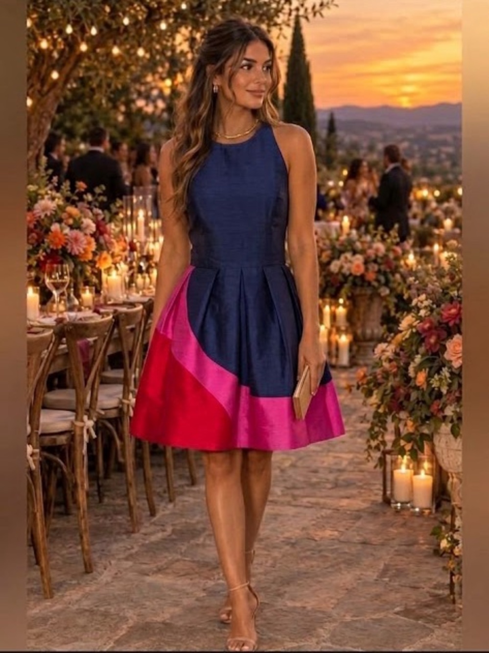 Hutch Navy and Fuchsia Colorblock Halter Dress